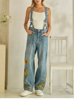 💕 NEW! Oli & Hali Blue Denim Overalls with Sunflower Embroidery